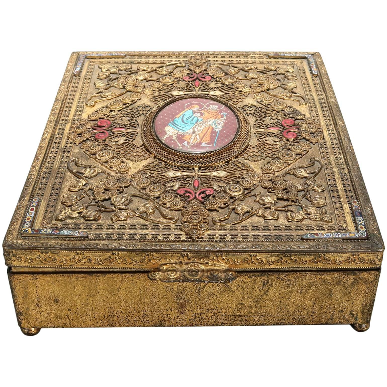 Antique Gilt Metal Jeweled Bible Box with the Holy Family by E. & J.B. Empire