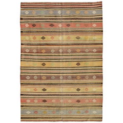 Vintage Turkish Kilim Rug with Tribal Designs Set in Horizontal Stripes
