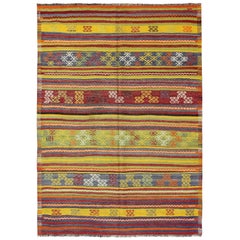 Retro Turkish Kilim Rug with Geometric Shapes and Colorful Horizontal Stripes