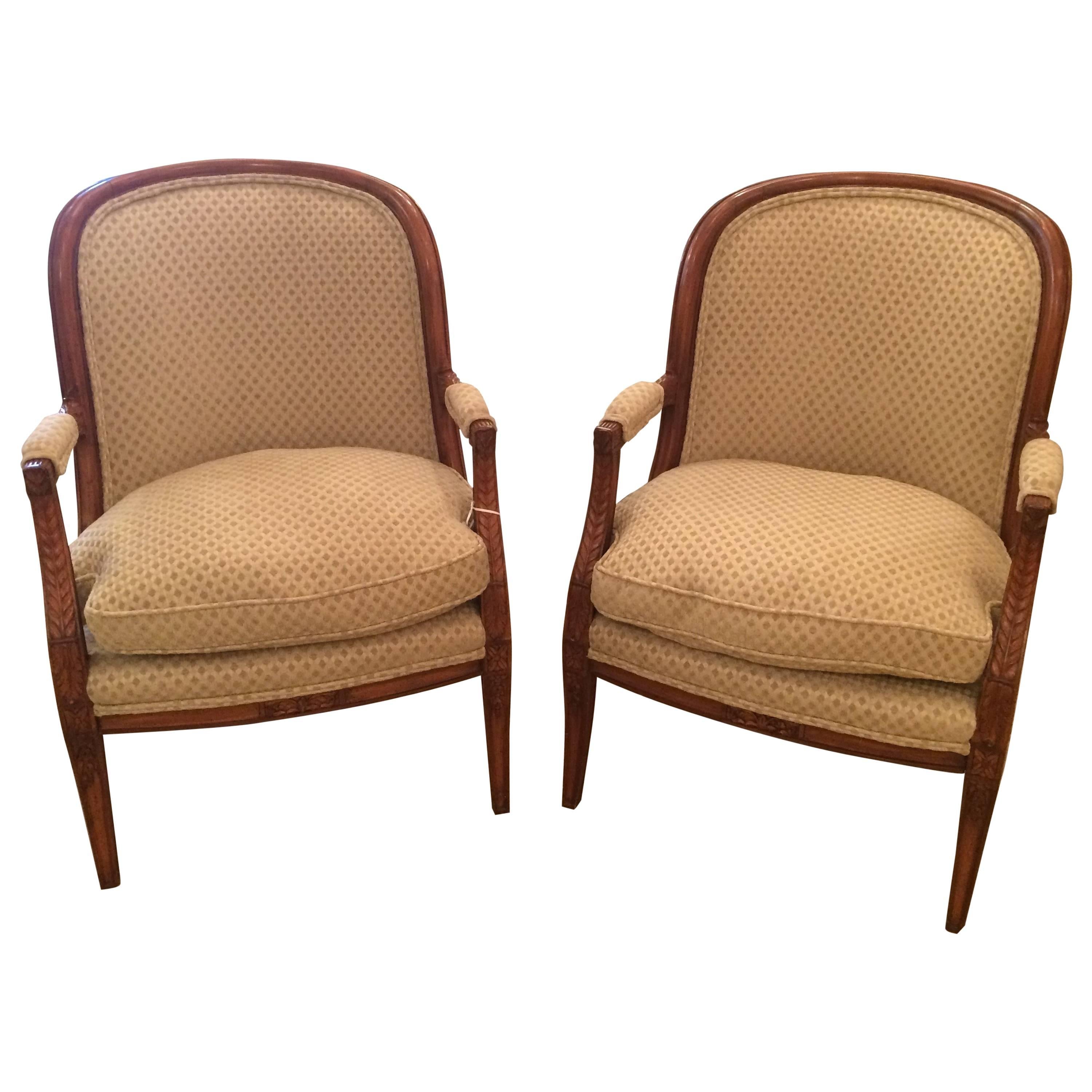 Classic Pair of French Walnut Tub Shaped Bergere Chairs