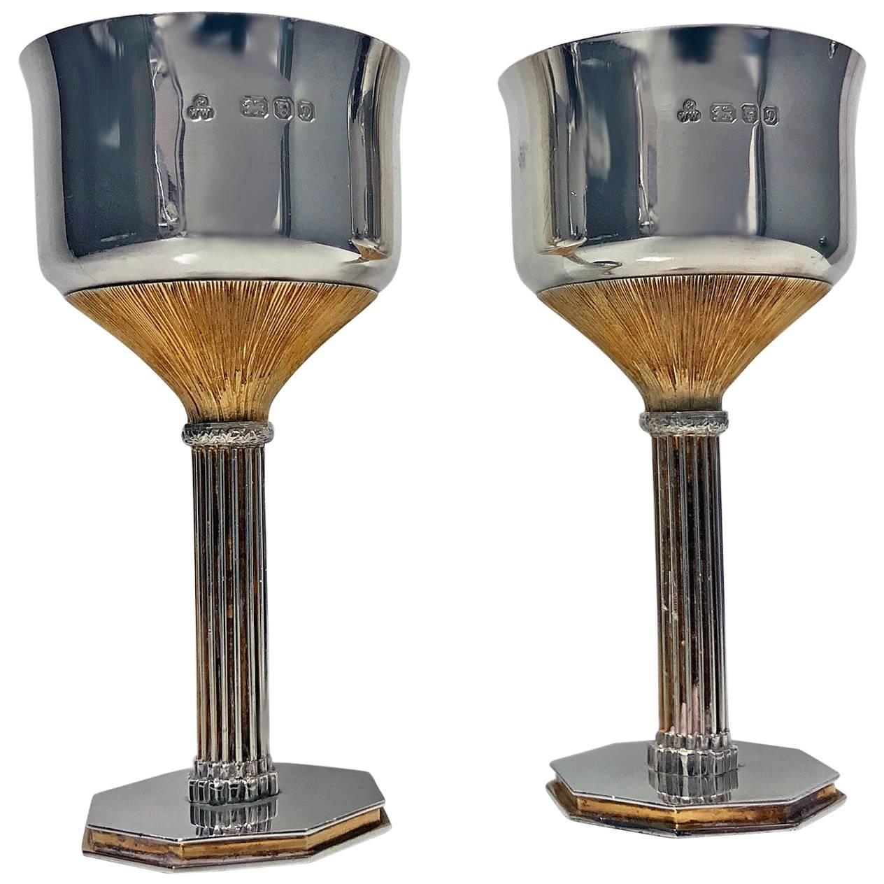 Pair Mid Century Sterling Silver Gilt Goblets, London, 1978 Wakely and Wheeler