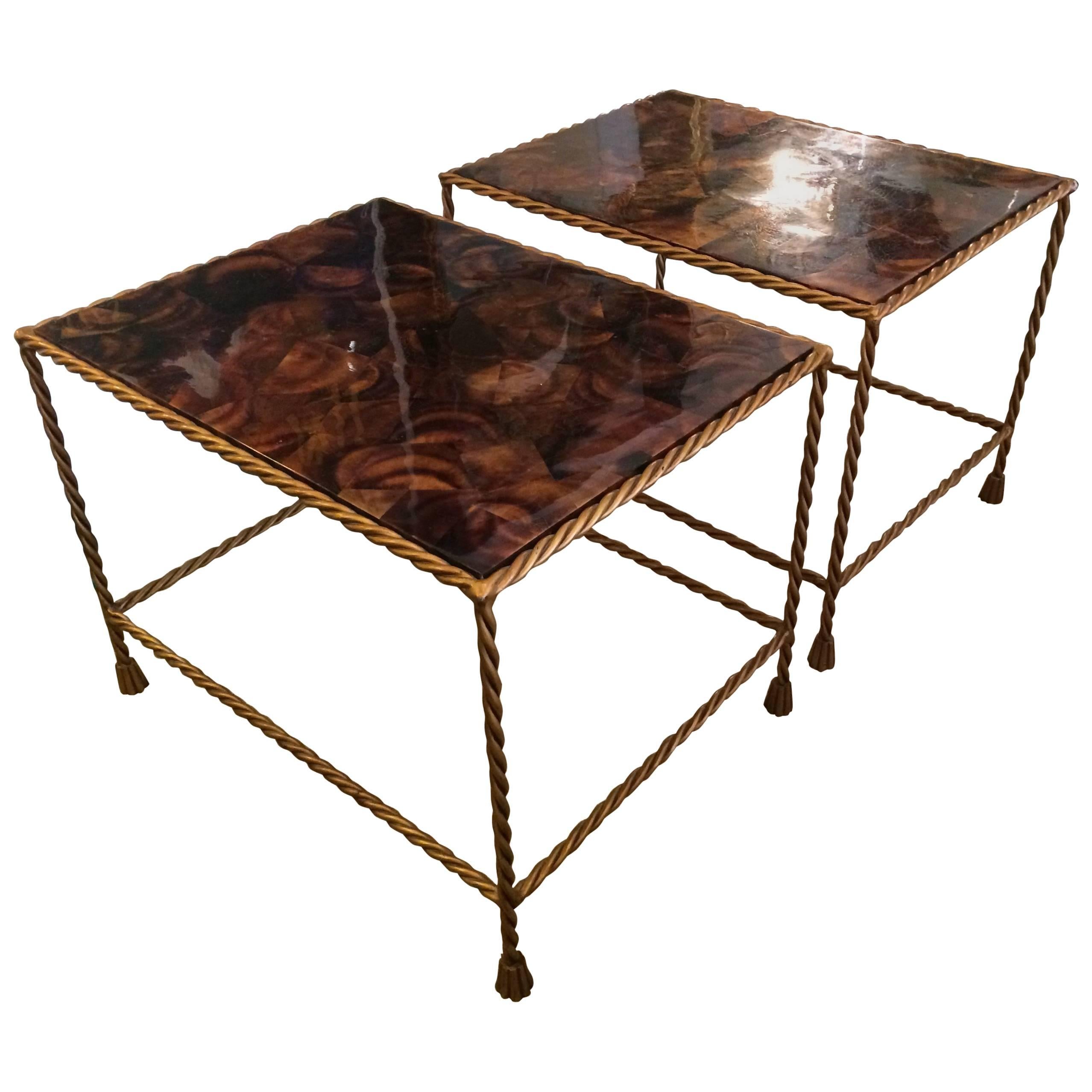 Very Glamorous Pair of Brass Tassel Motife and Faux Tortoise Side Tables