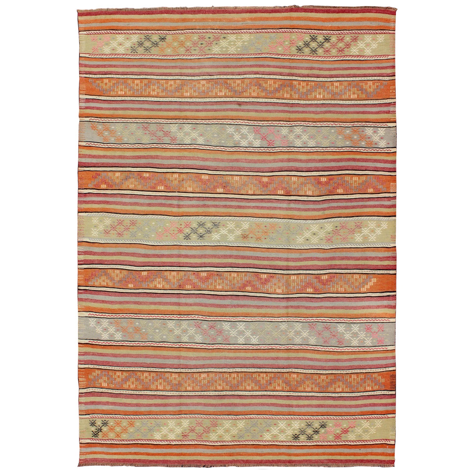 Turkish Kilim Vintage Rug with Assorted Stripe Design in a Variety of Colors