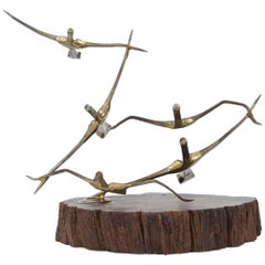 Vintage Wood Sculpture with Brass Birds