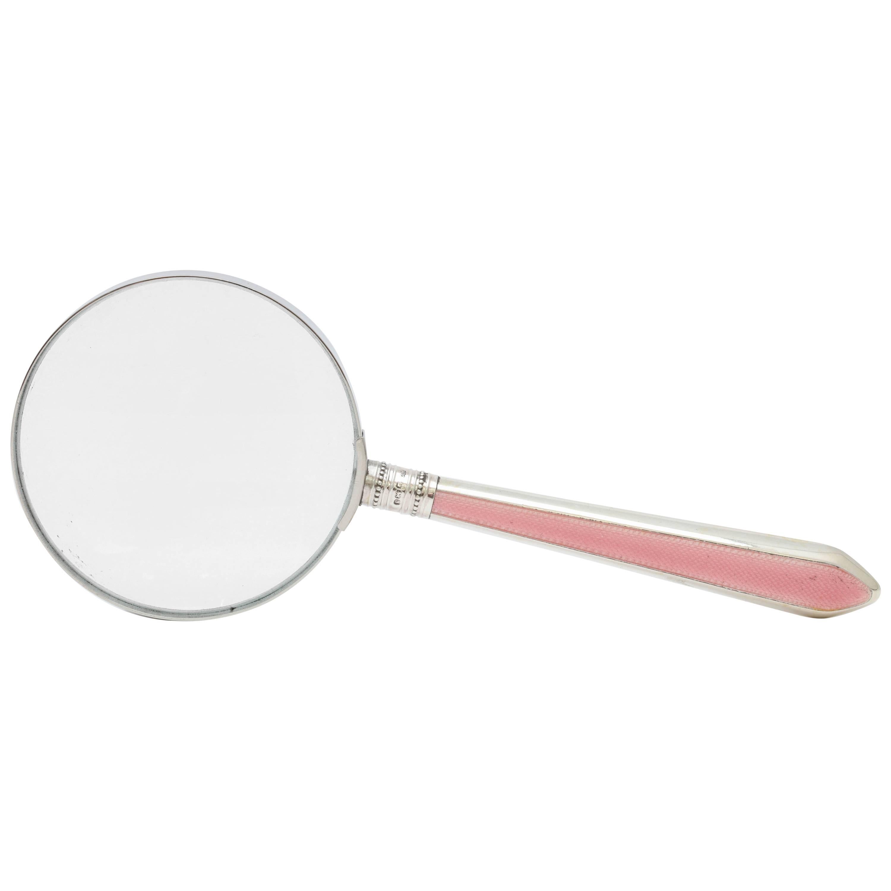 Art Deco Sterling Silver Handled, Pink Guilloche Enamel Magnifying Glass