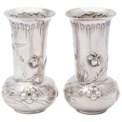 Antique Pair of Art Nouveau Continental '.800' Silver Bud Vases