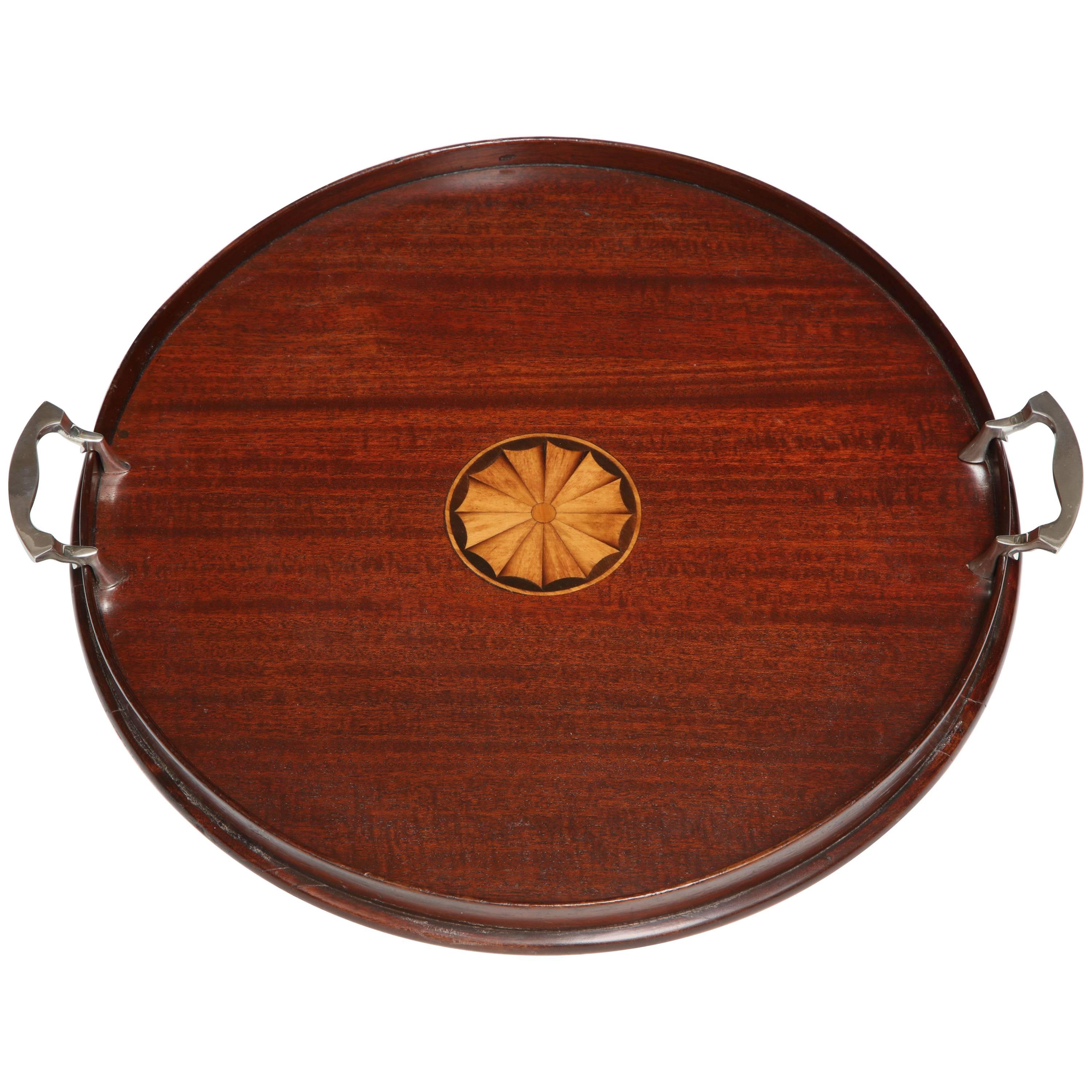 Edwardian Sheraton-Style Round Wood Serving Tray with Silver Plated Handles