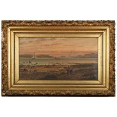 Oil on Canvas Painting of Seascape Shore Sunset Scene, Signed, 19th Century Oil on Canvas Painting of Seascape Shore Sunset Scene, Signed, 19th Century