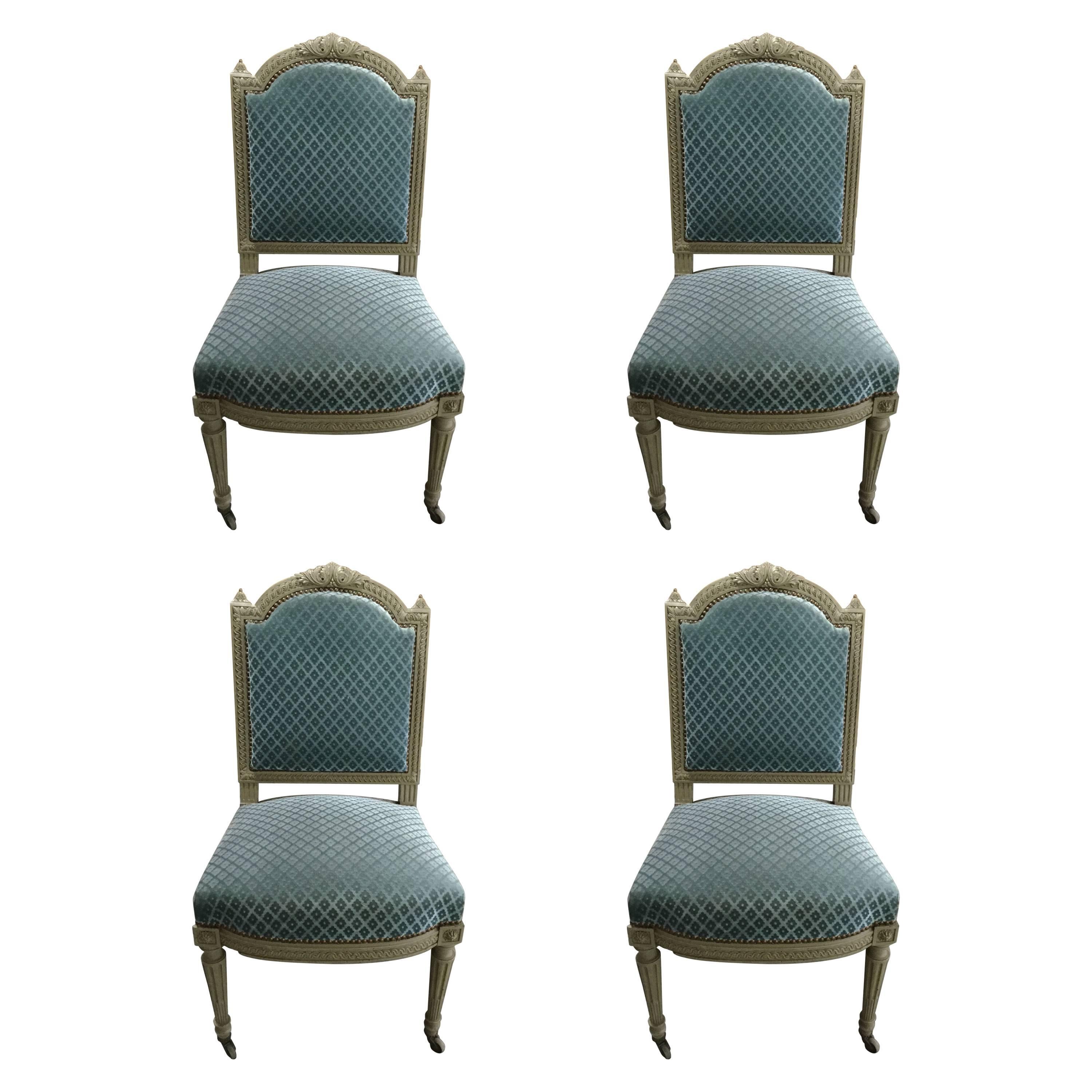 Pretty Set of Four Louis XVI Style Carved Painted Wood and Velvet Dining Chairs