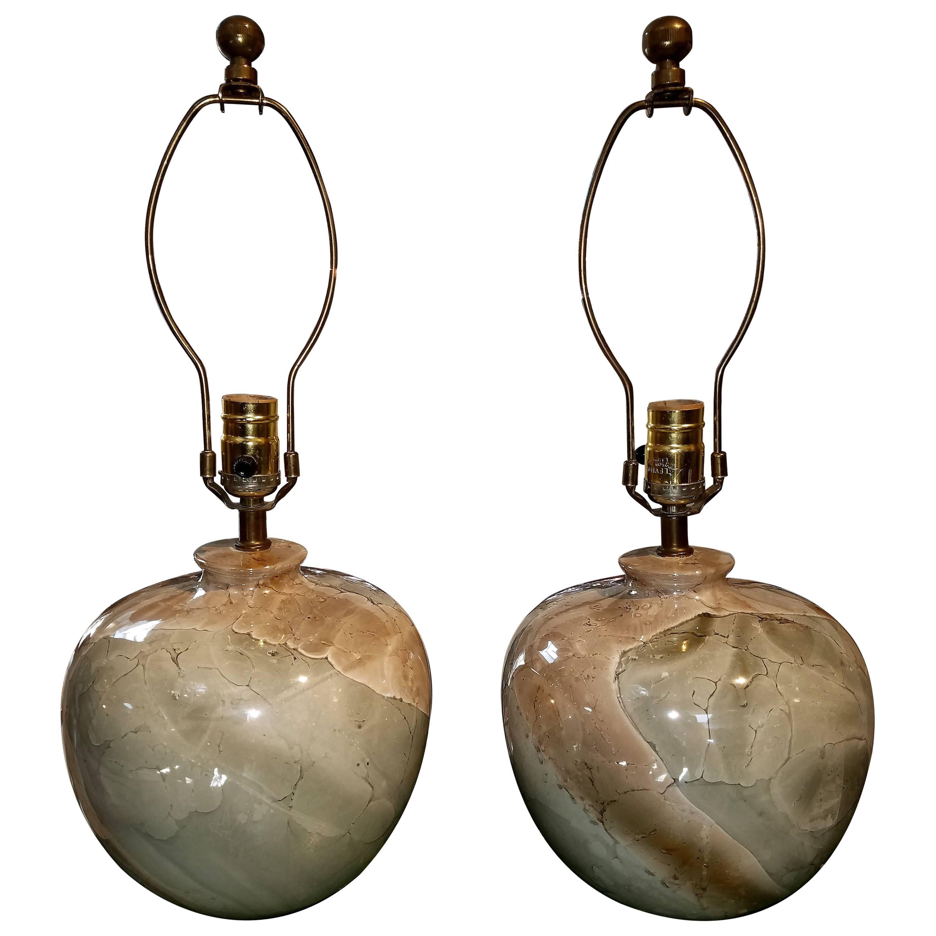 Pair of Midcentury Marble Glazed Ceramic Lamps