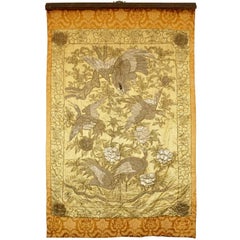 Japanese Meiji Period Silver Embroidery On Silk Of Hawk Attacking White Cranes