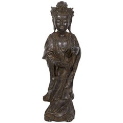 Standing Antique Bronze Buddha Sculpture with Crown and Elaborate Flowing Robes