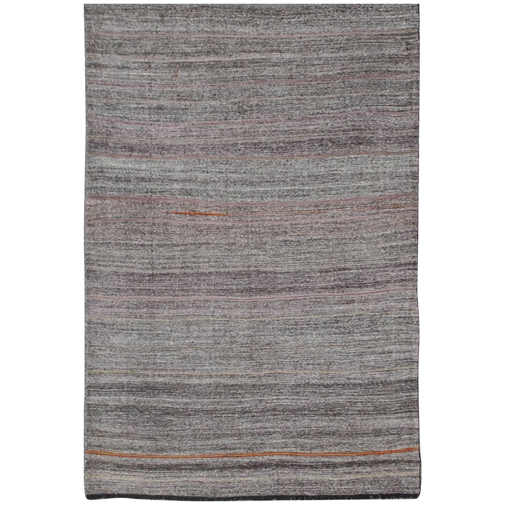 Vintage Turkish Kilim Rug with Variegated Stripes in Charcoal, Gray and Orange