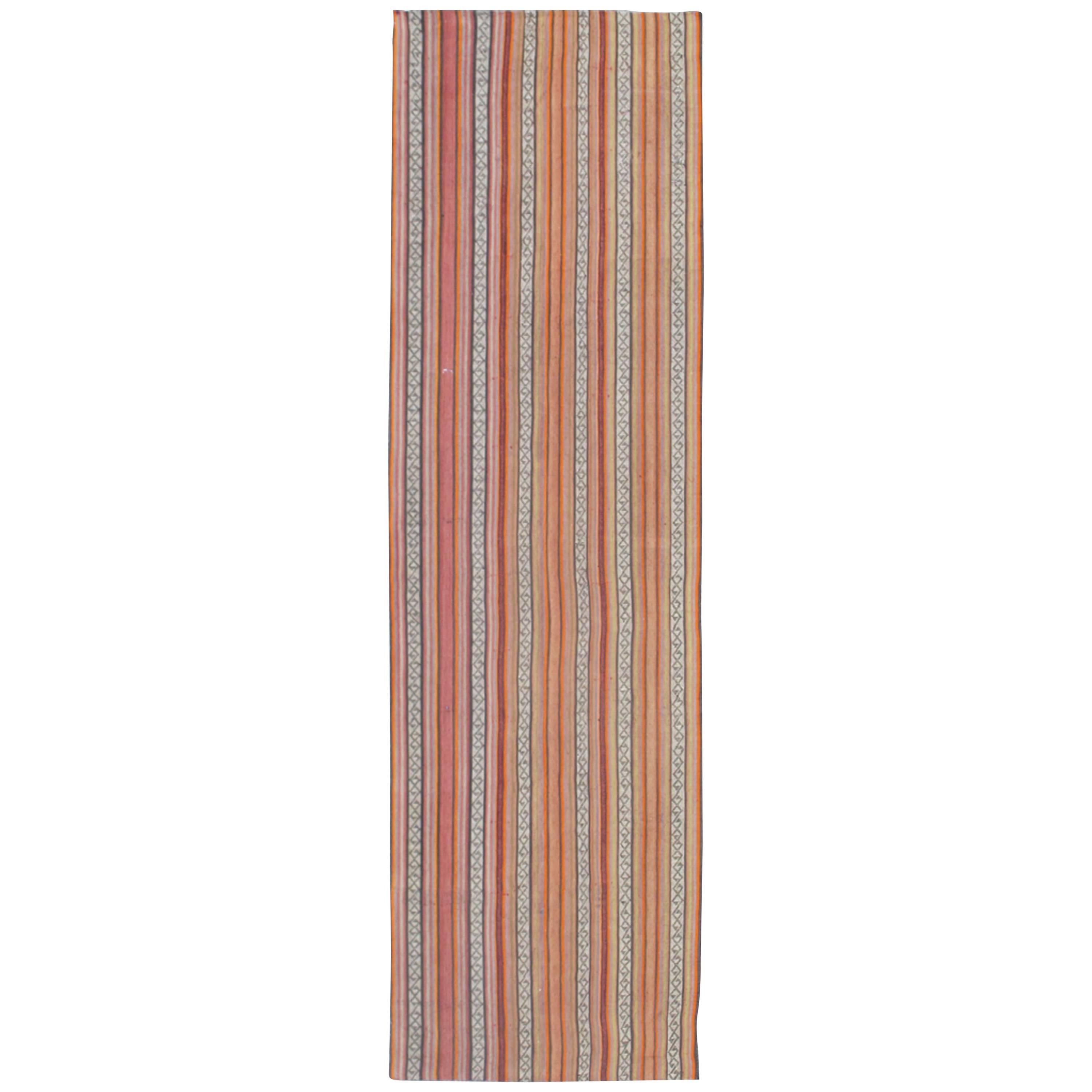 Very Long Kilim Runner with Vertical Stripe and Geometric Pattern