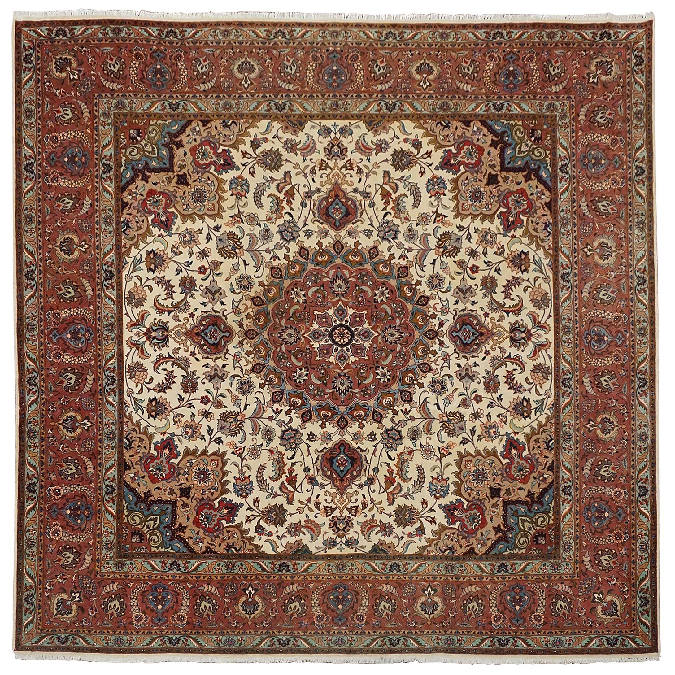 Square Wool and Silk Persian Tabriz Rug, circa 1970 For Sale