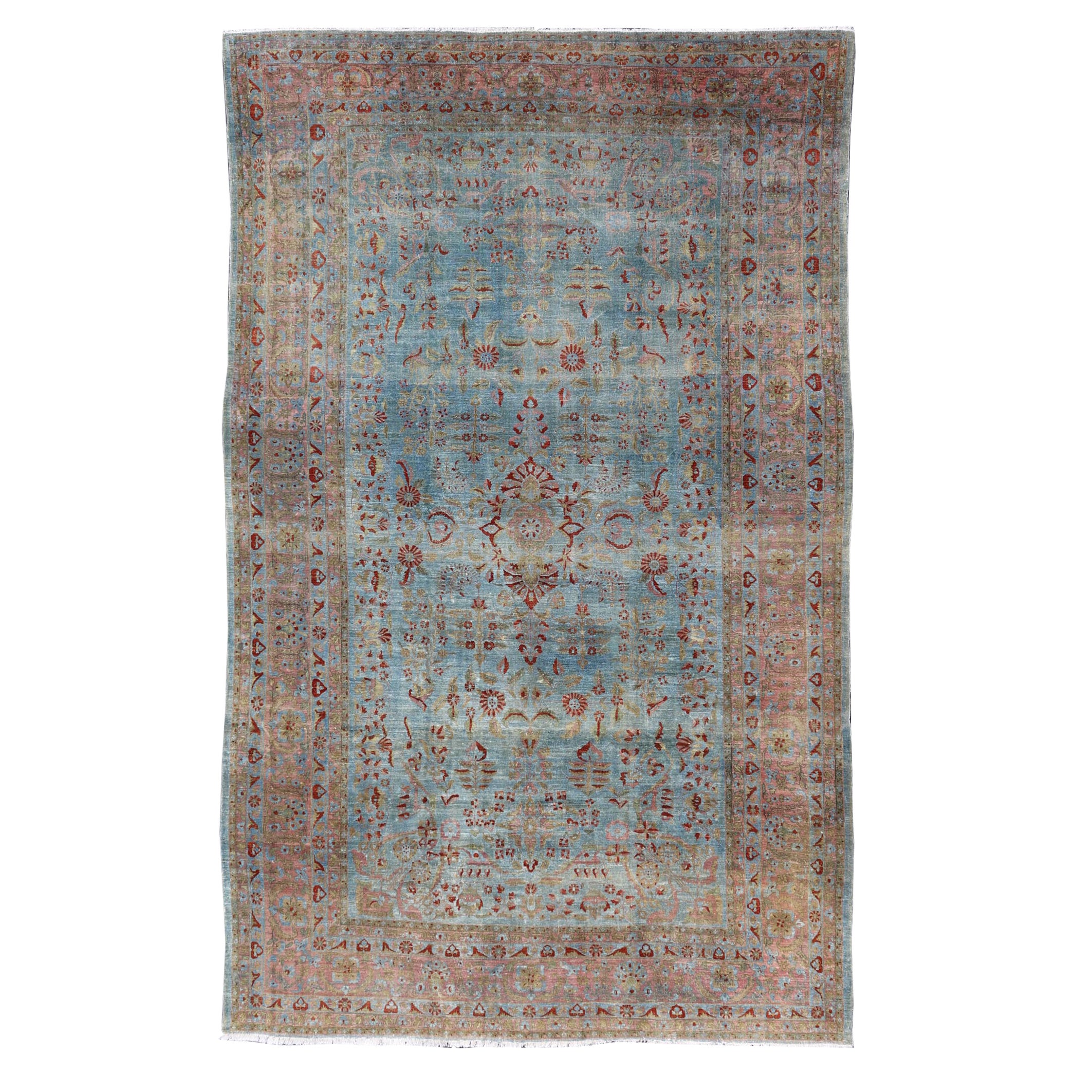 Blue Background Antique Persian Mohajerah Rug with Salmon, Blue, Green, and Red