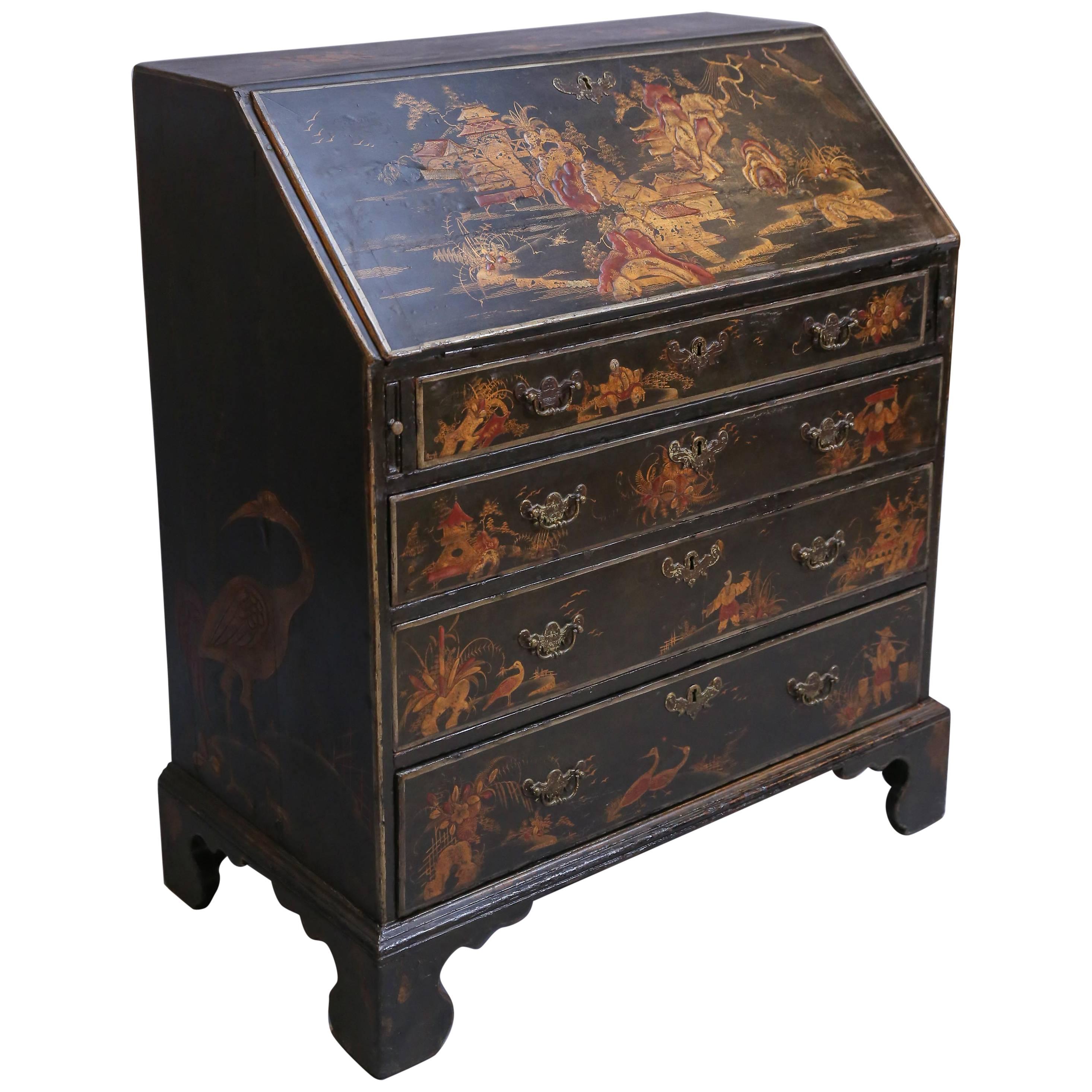 Antique English Black Chinoiserie Slant Desk with a Vibrant Red Interior