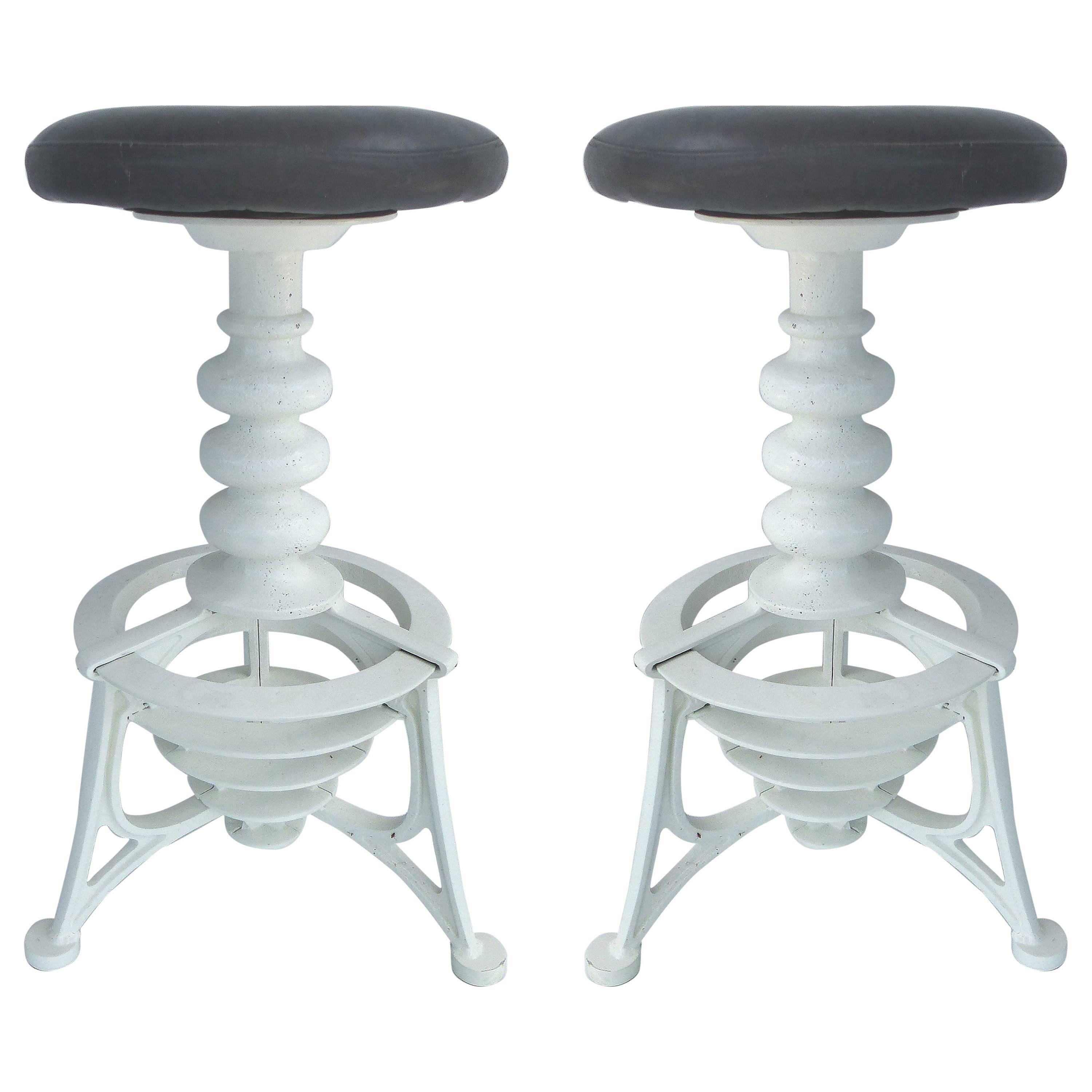 Turn of the Last Century Cast Iron Swivel Bar Stools with Leather Seats, Pair