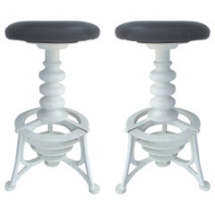 Turn of the Last Century Cast Iron Swivel Bar Stools with Leather Seats, Pair
