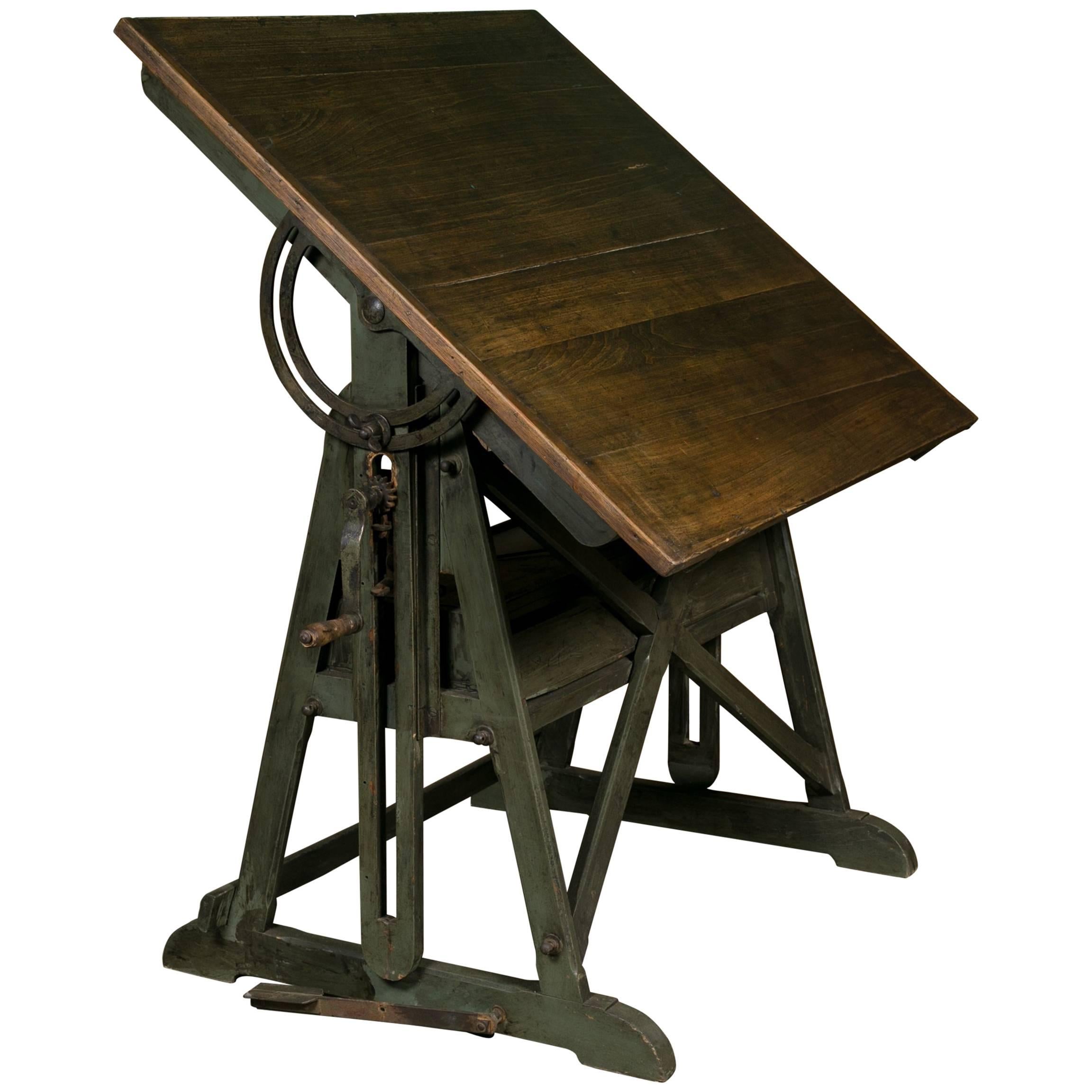 Antique Industrial Architect's Tilt Top Drafting Table from Belgium, circa 1900