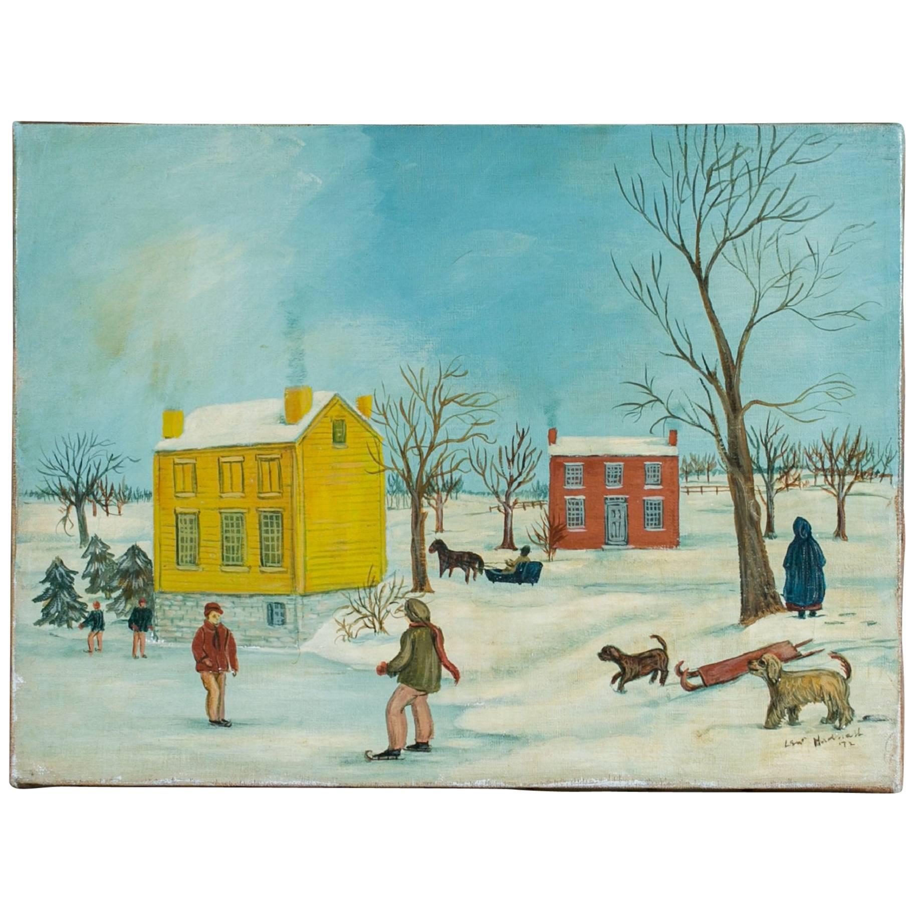 Original Snow Scene Painting on Canvas by American Folk Artist Lew Hudnall