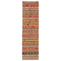 Vintage Turkish Kilim Runner with Geometric Shapes and Colorful Stripes