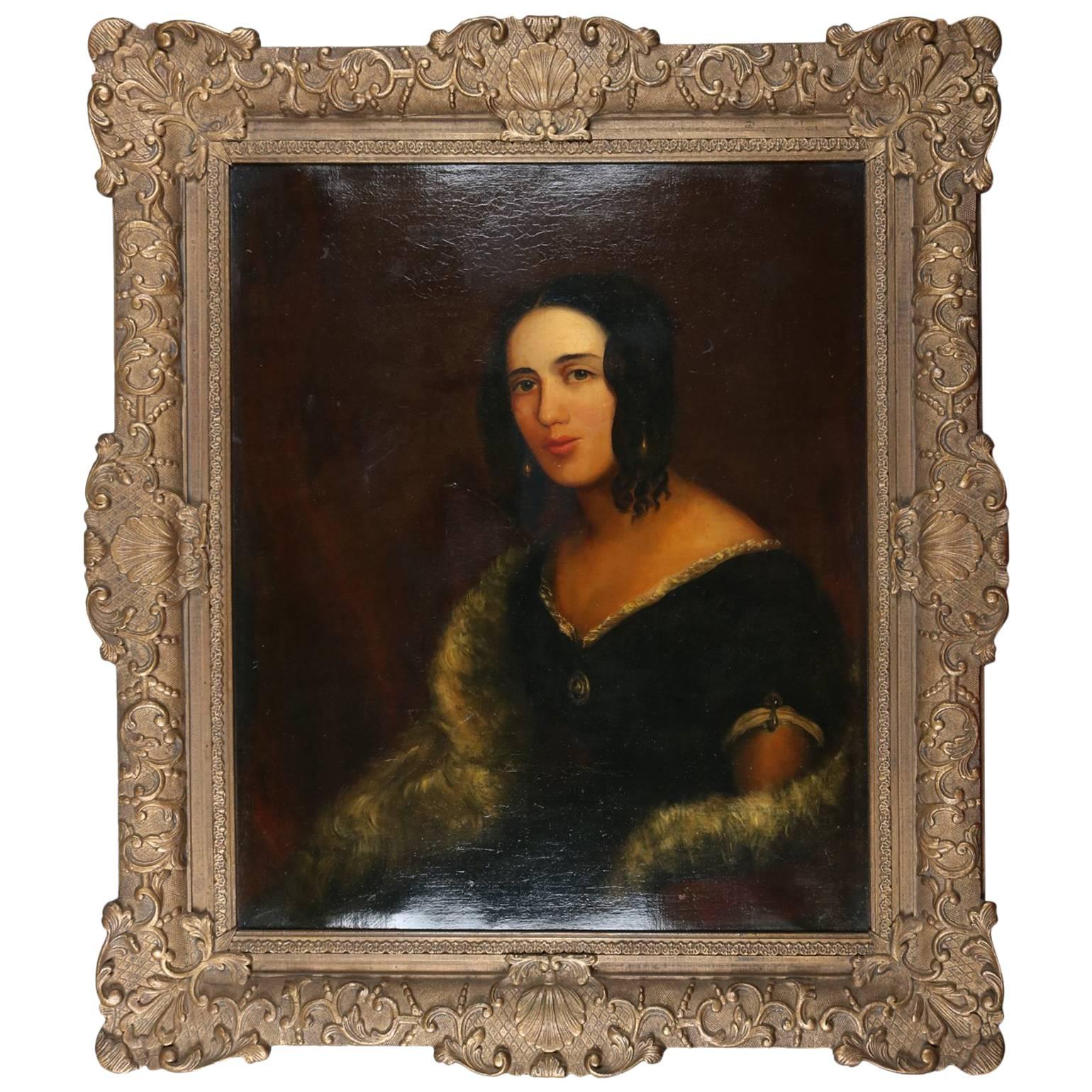 Antique and Fine Spanish School Oil on Canvas Portrait Painting of Young Woman