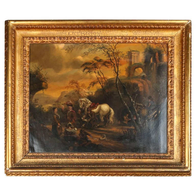Antique Oil on Tin Painting Depicting European Conquest Celebration