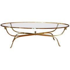 French Modernist Oval Brass Coffee Table, Glass Top, Ram's Heads and Hoof Feet