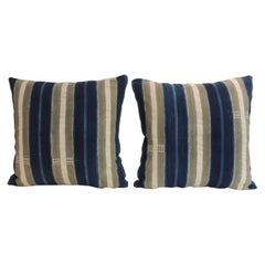 Pair of Vintage Indigo and Natural Yoruba and Baule Warp Decorative Pillows