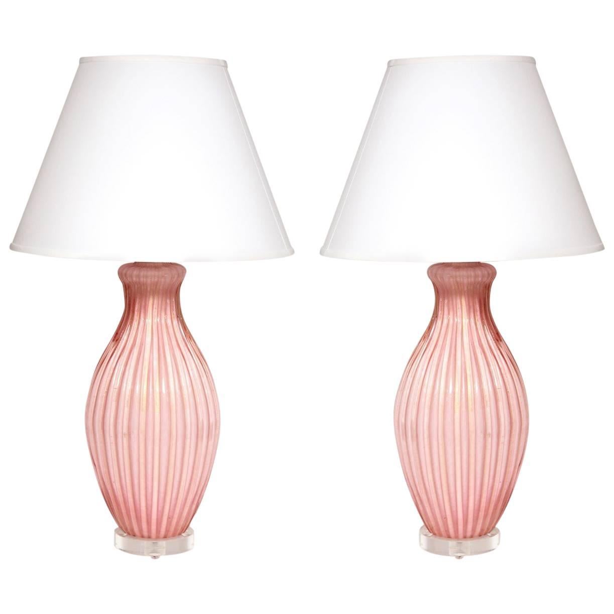 Pair of Italian Pink Murano Glass Table Lamps
