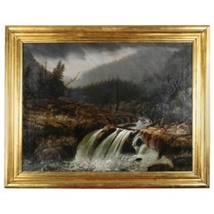Antique Hudson River School Oil on Canvas Landscape with Waterfall Painting