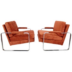 Mid-Century Modern Pair of Milo Baughman Flat Bar Chrome Lounge Chairs