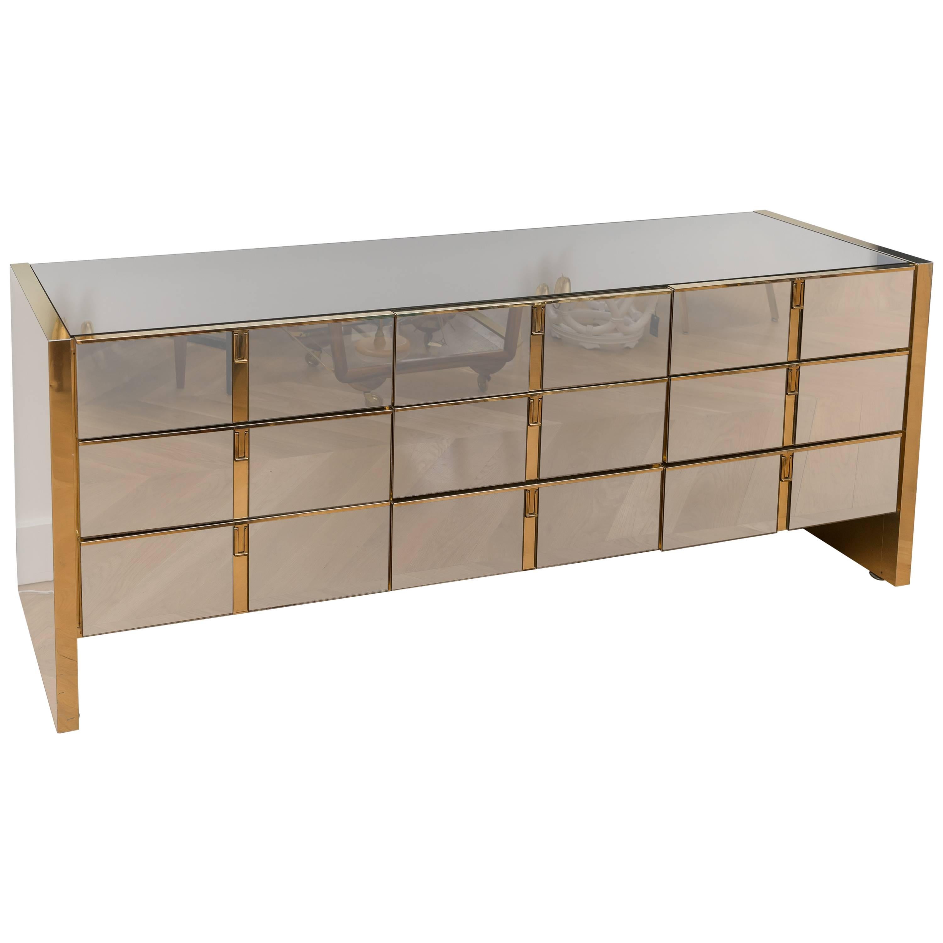 Ello Furniture Co Brass and Mirrored Brass Nine-Drawer Dresser For Sale