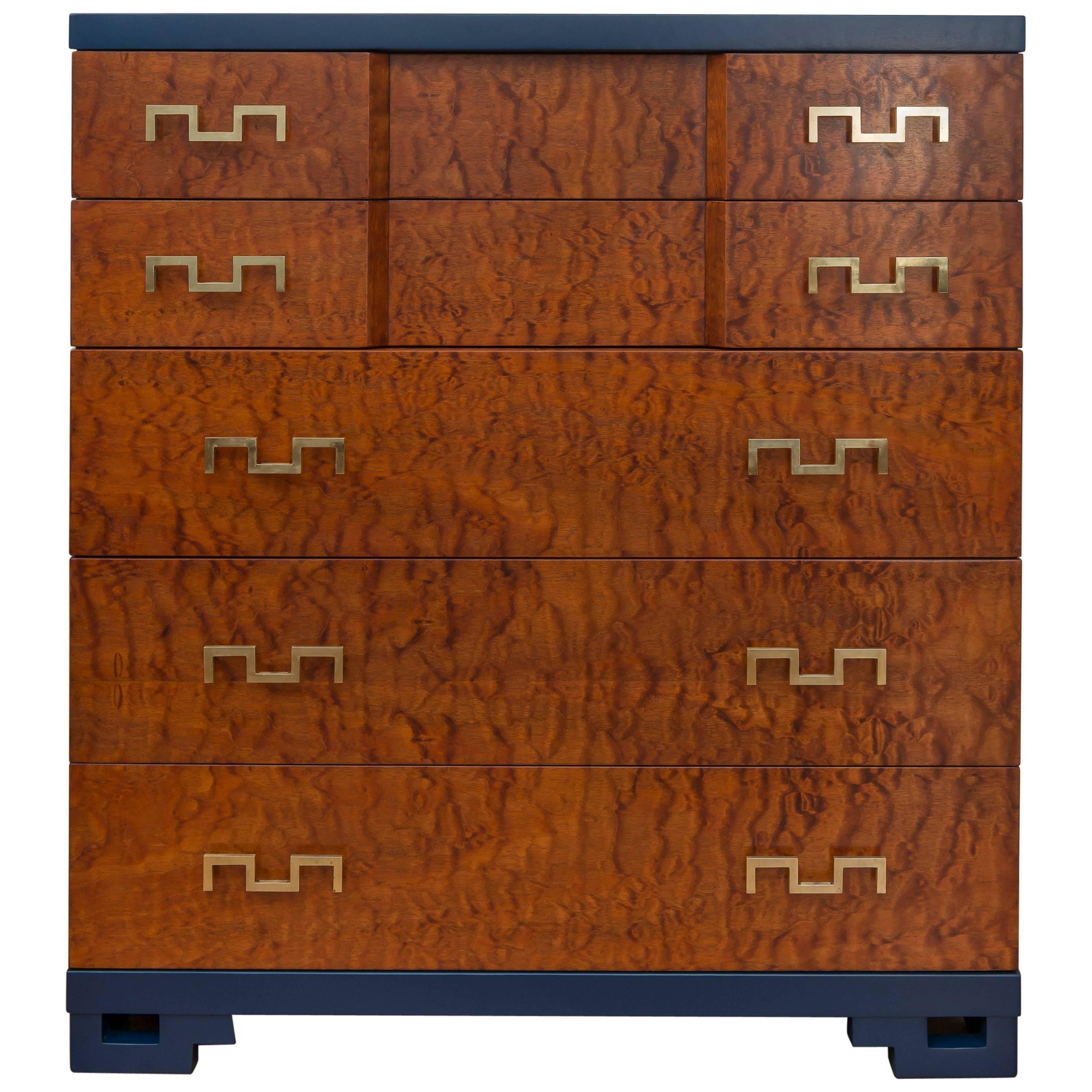 Six-Drawer Blue Lacquer and Mahogany Dresser For Sale