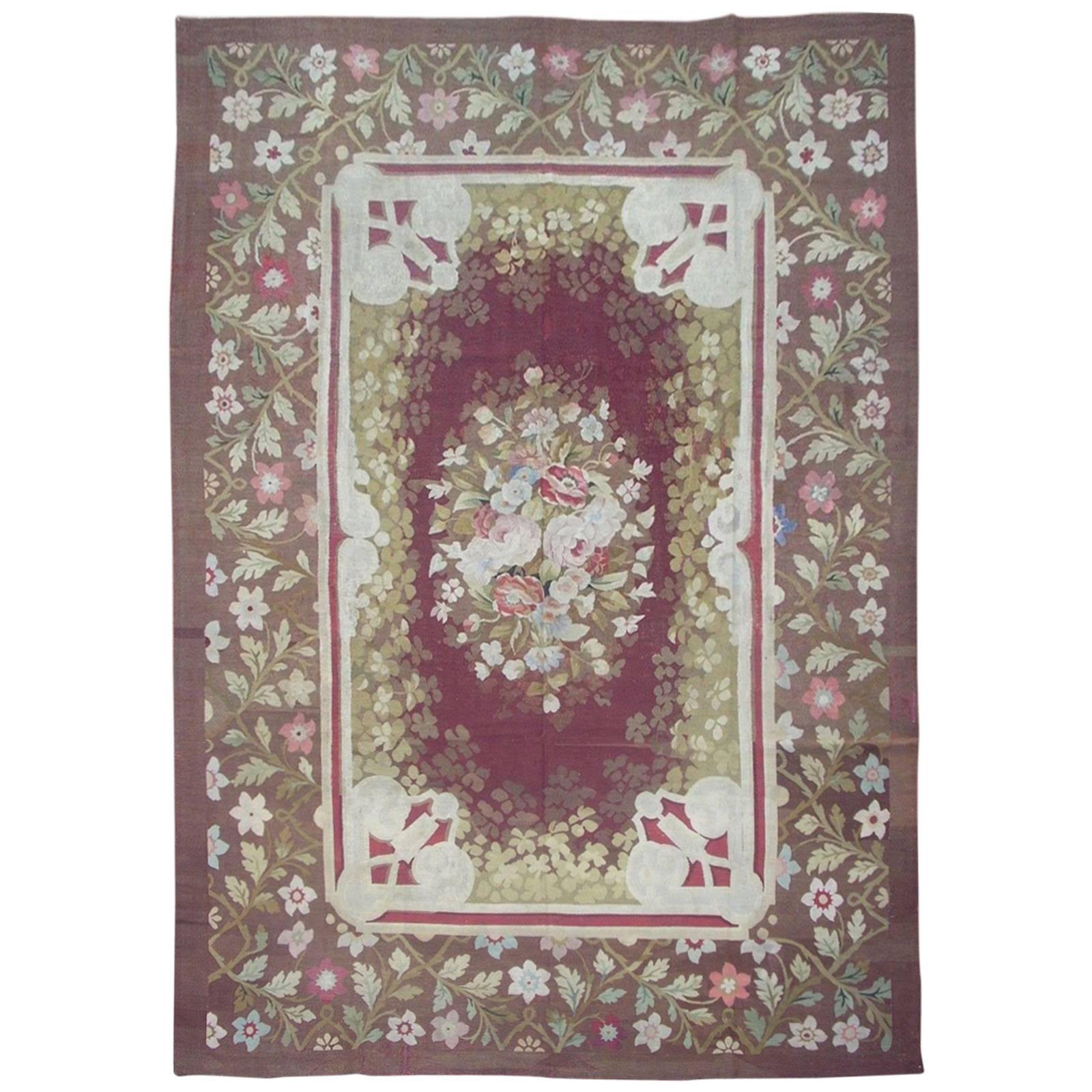 Antique French Aubusson Rug with Floral Design, circa 1880 For Sale