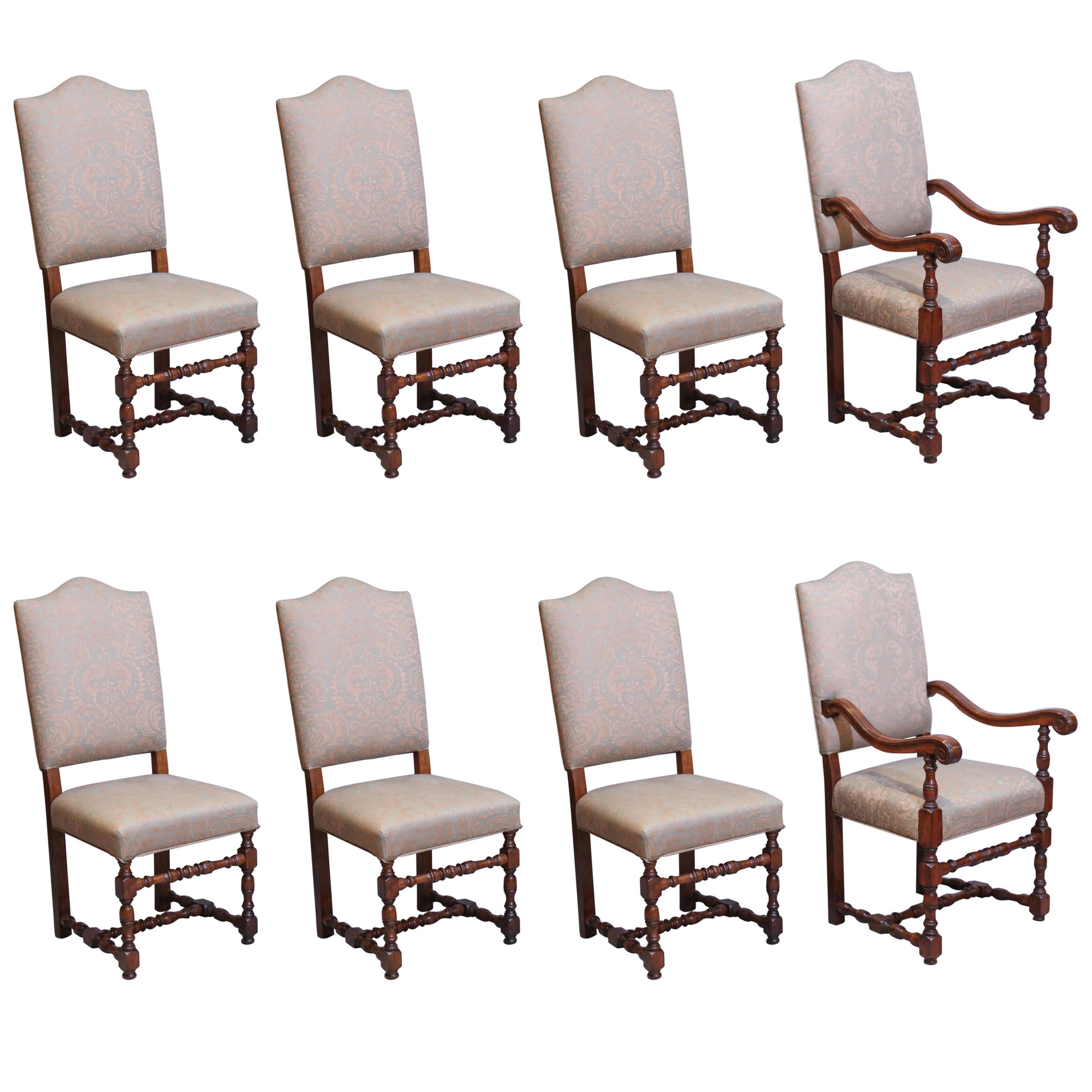 Set of Eight French Louis XIV-Style Walnut Dining Chairs Upholstered in Fortuny For Sale