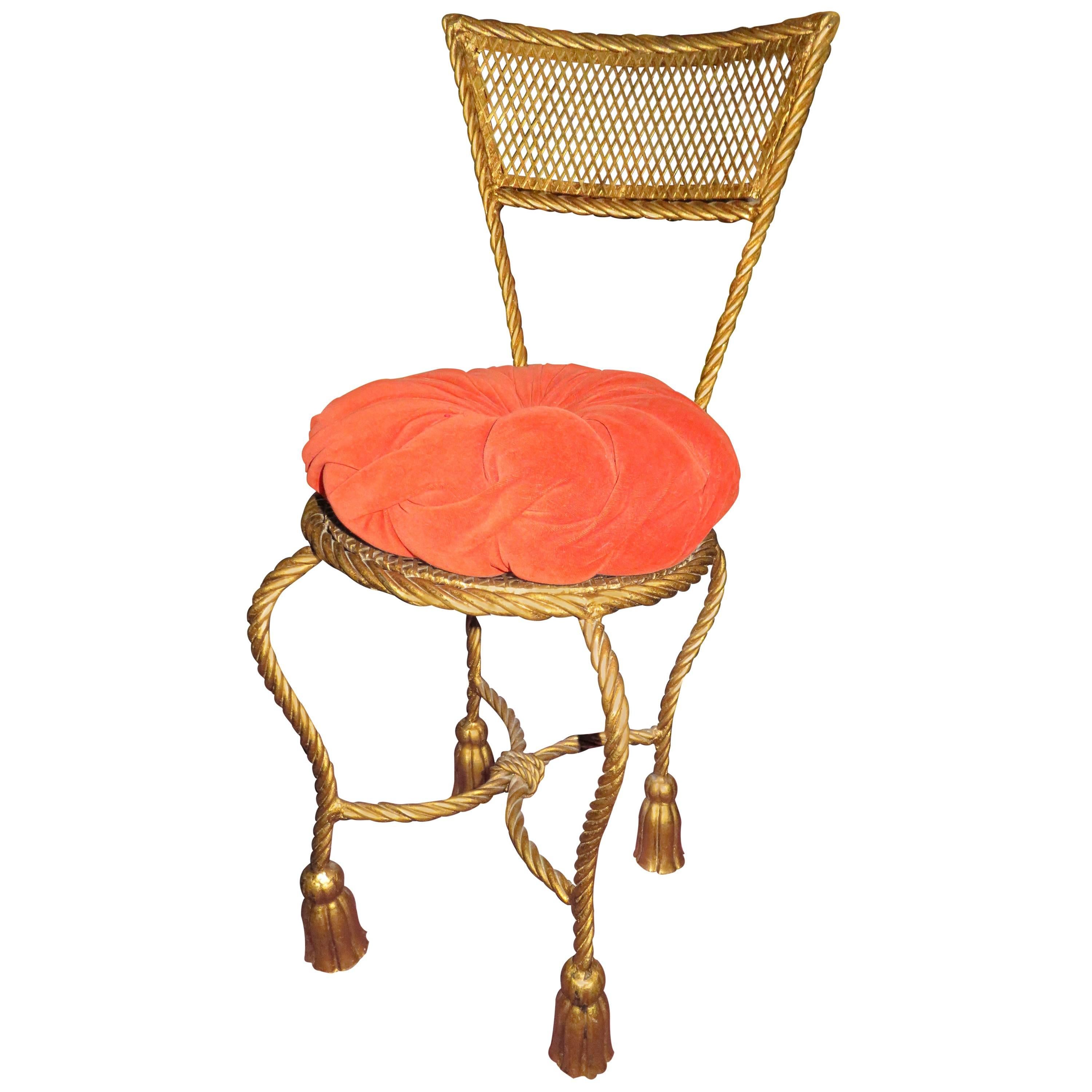 Lovely Petite Gilded Gold Rope Tassel Vanity Chair Stool Hollywood Regency