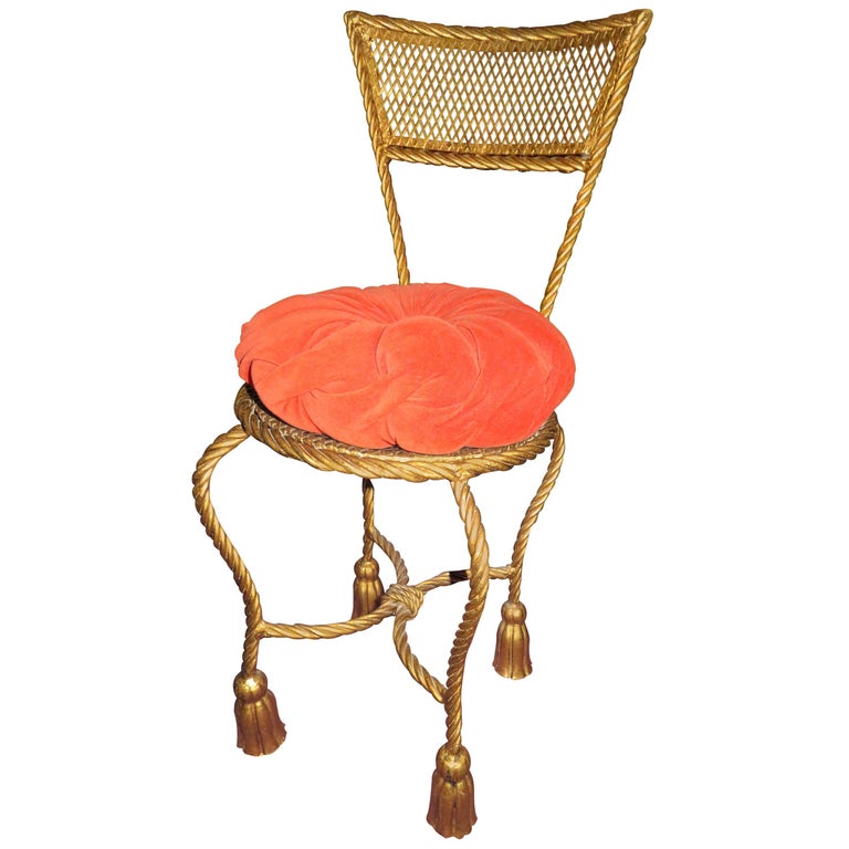Lovely Petite Gilded Gold Rope Tassel, Vintage Hollywood Regency Vanity Chair