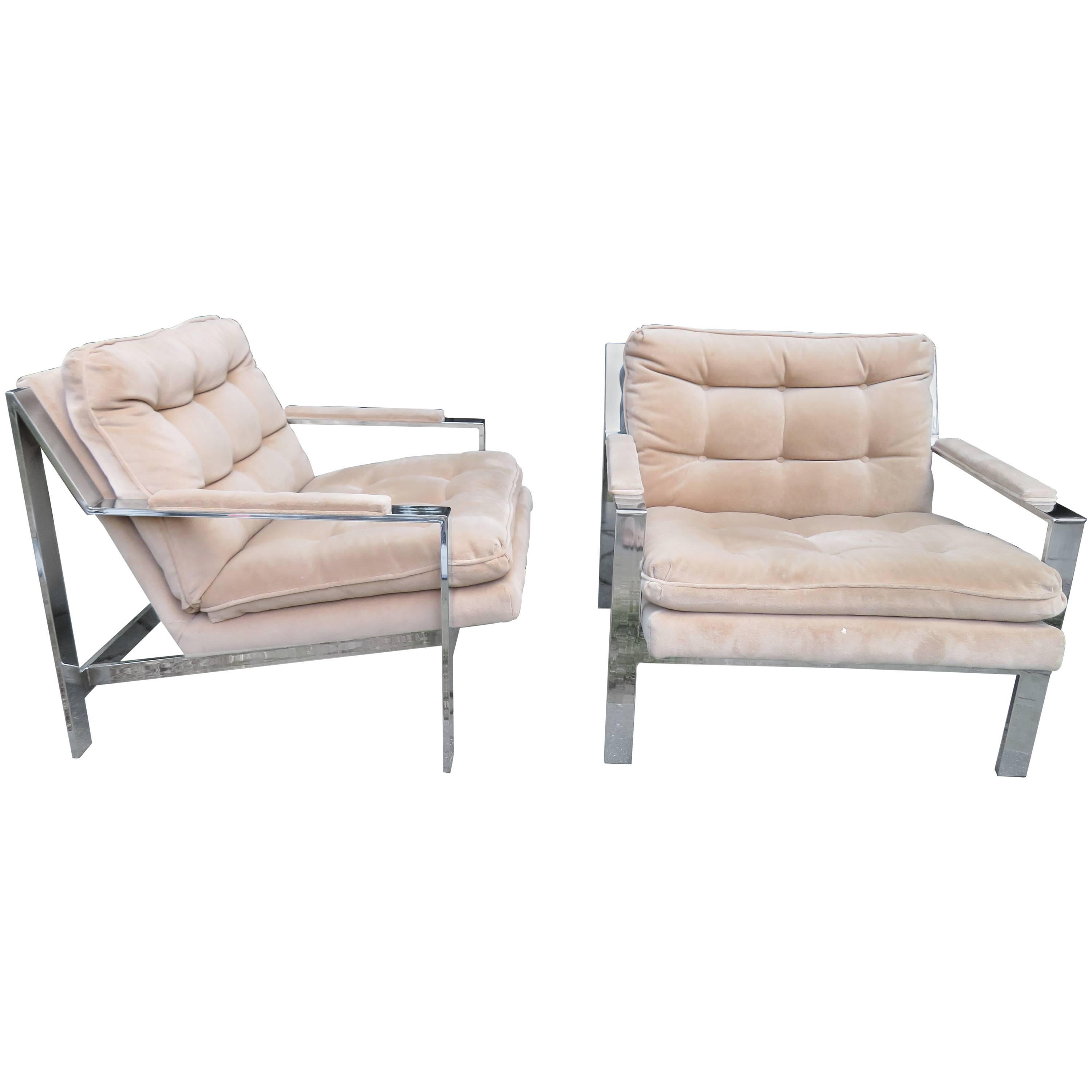Pair of Milo Baughman Style Chrome Flat Bar Lounge Chairs, Mid-Century Modern