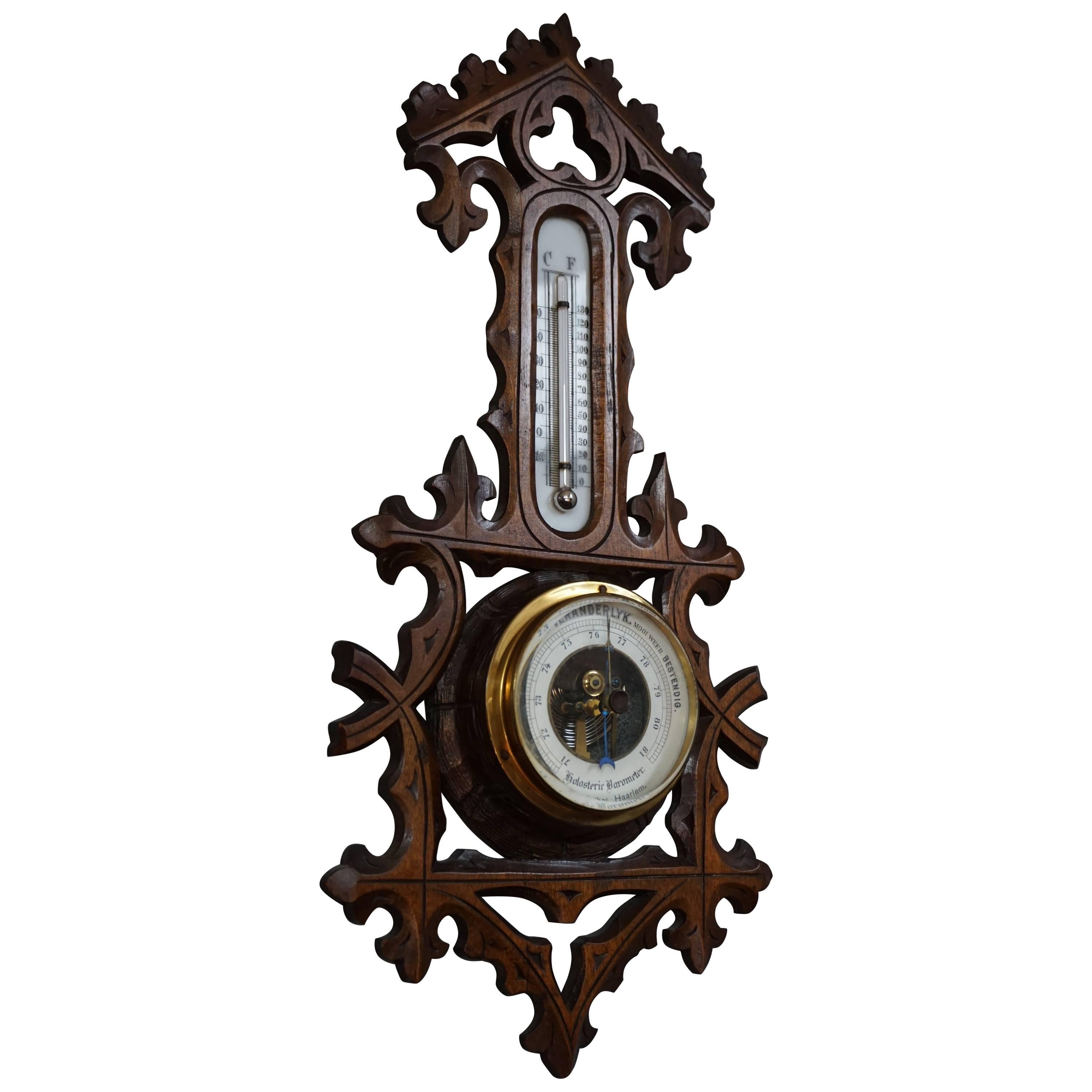 Early 20th Century Hand-Carved Gothic Revival Signed Barometer & Thermometer