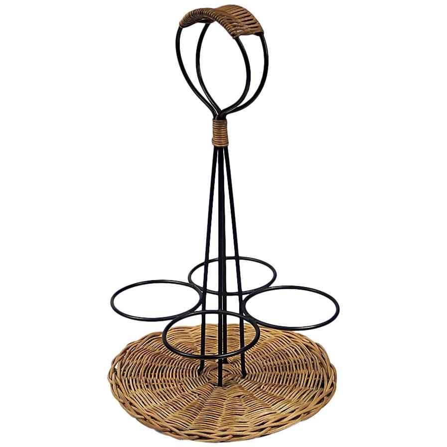 Metal Bottle Holder in Rattan and Lacquered Metal, circa 1950-1960