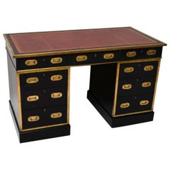 Antique Leather Top Ebonized Campaign Desk 5