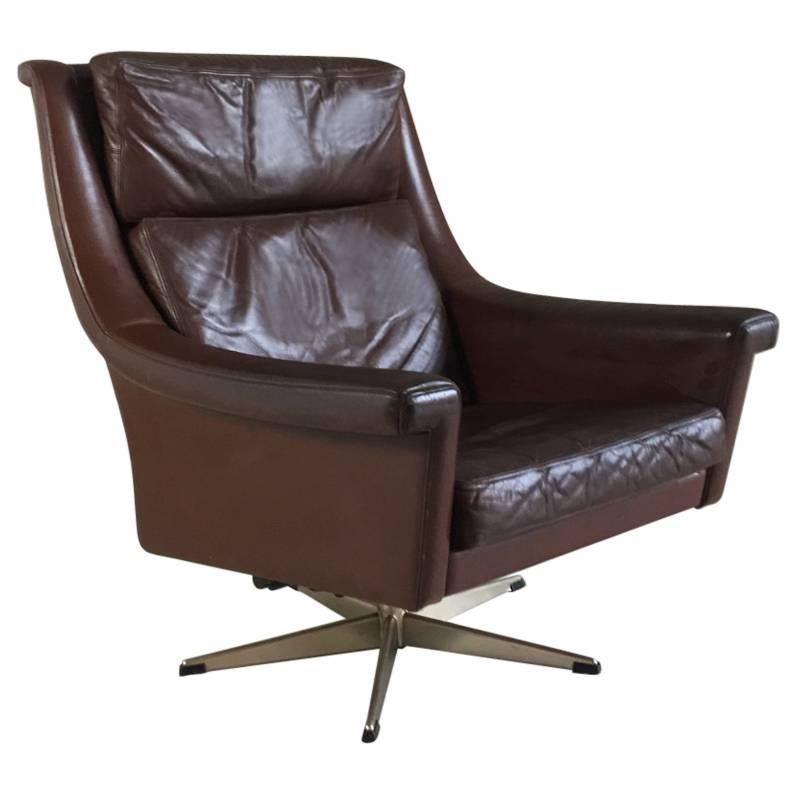 1960-1970s, Danish Mid-Century Brown Leather Reclining Swivel Armchair For Sale
