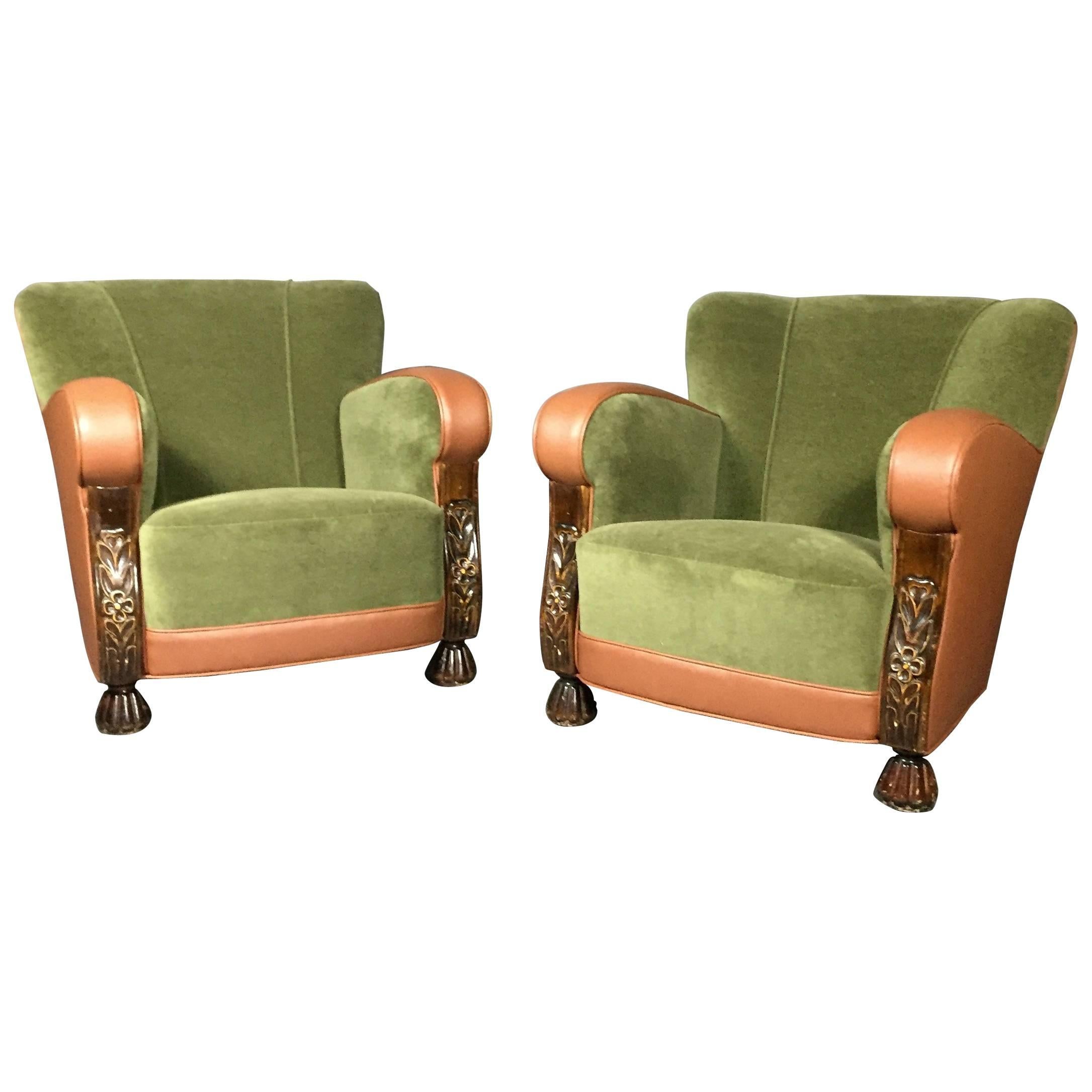 Pair of Belgian 1930s Club Chairs, New Leather and Velvet Covers