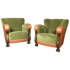 Pair of Belgian 1930s Club Chairs, New Leather and Velvet Covers