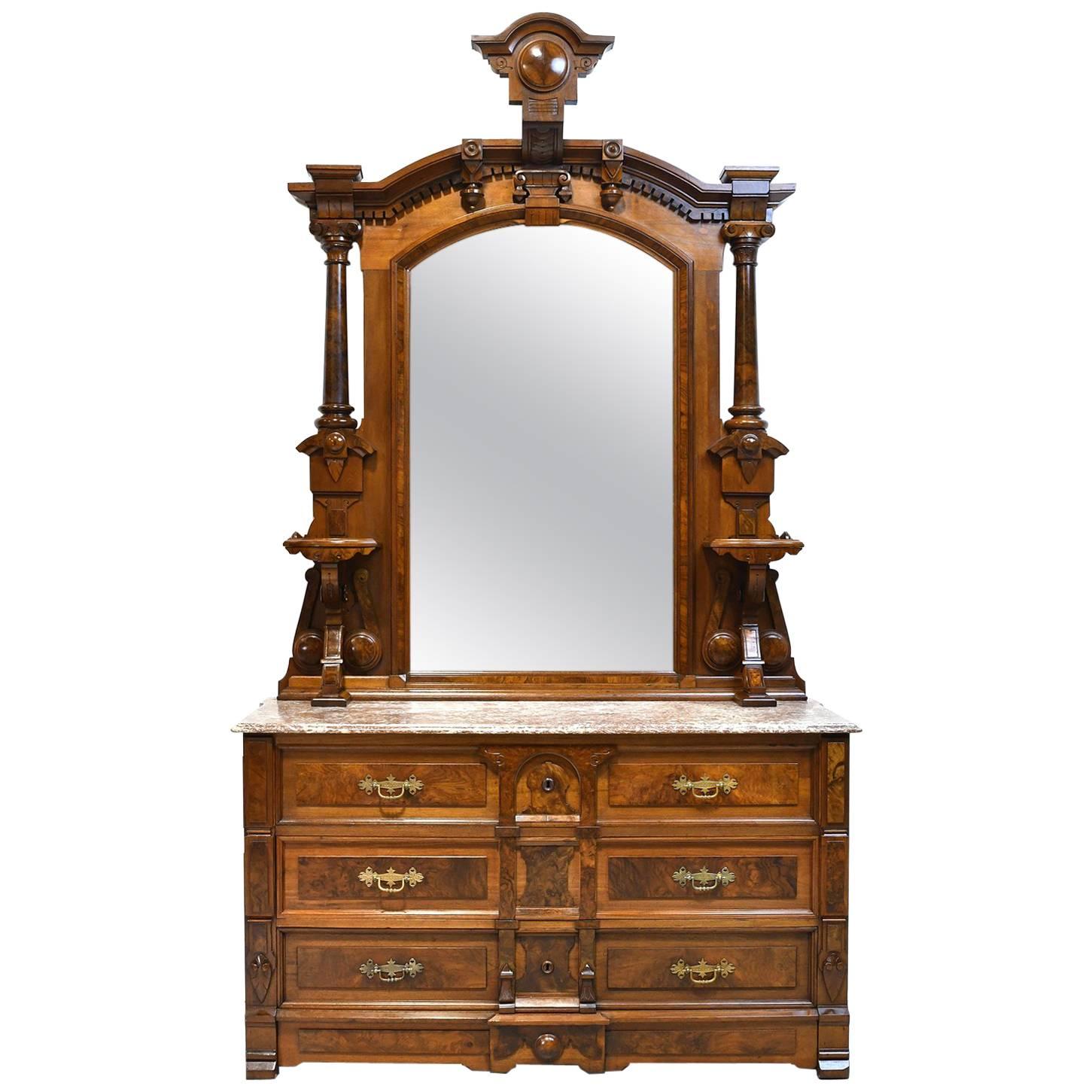 American Aesthetic Movement Walnut Vanity with Mirror and Marble Top, circa 1870