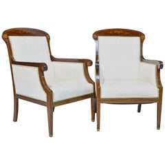 Antique Pair of Art Deco Danish Bergères in West Indies Mahogany with Inlays, circa 1910