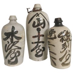 Antique 19th Century Japanese Calligraphy Sake Bottles, Set of Three