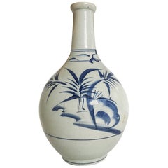 19th Century Antique Japanese Blue and White Sake Bottle